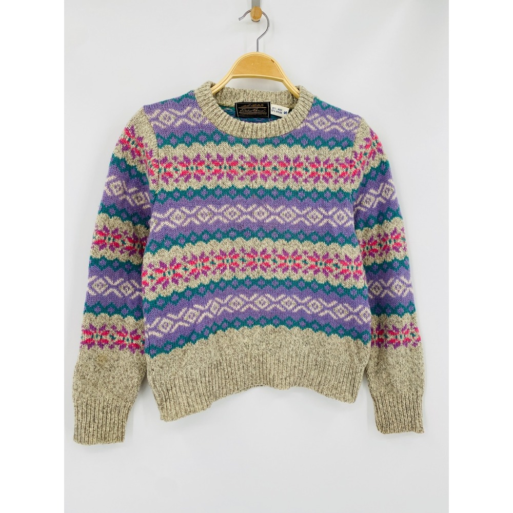 Vintage Eddie Bauer Sweater S Gray Fair Isle Wool Blend Crewneck Vintage Style
